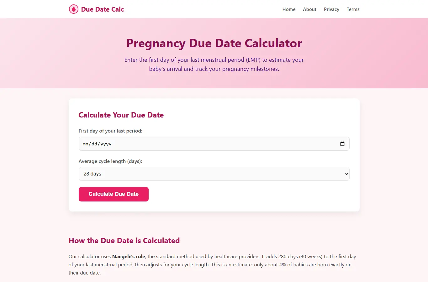 Screenshot of Pregnancy Due Date Calculator interface showing the project page in use